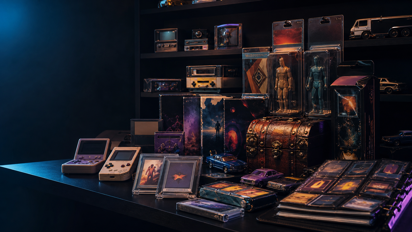 A dark collector display with generic cards, games, electronics, and display pieces