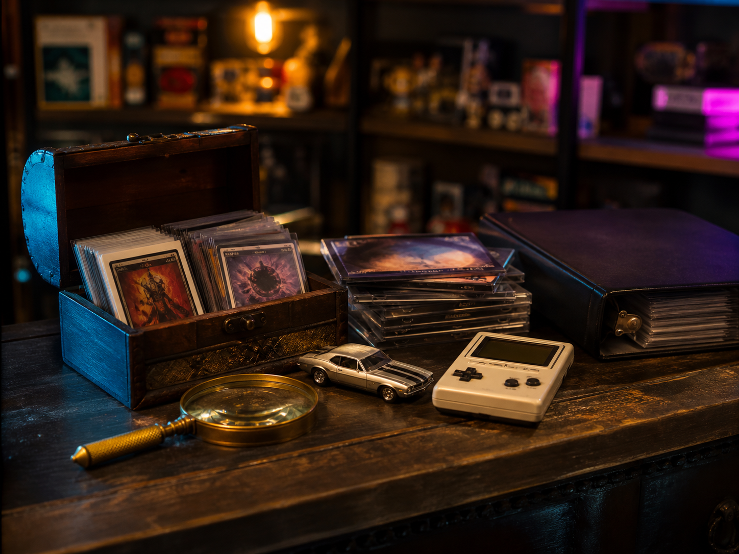 A styled arrangement of generic collectibles in a dark retro setting