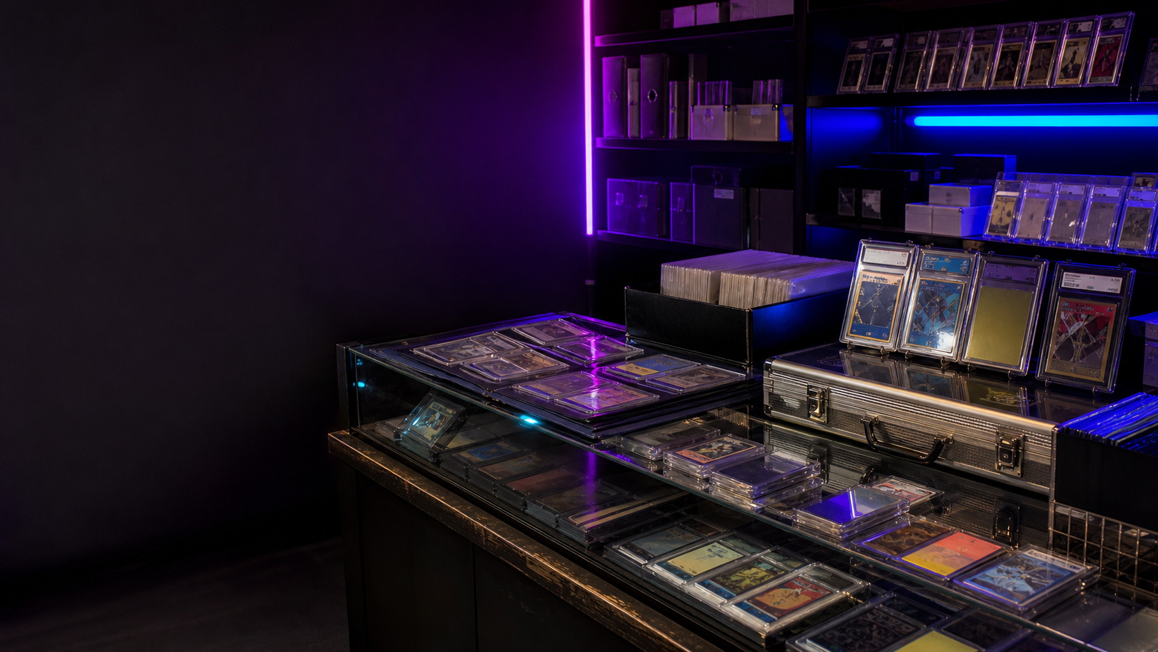 A neon-lit collector display with generic trading cards in protective cases and organized card storage