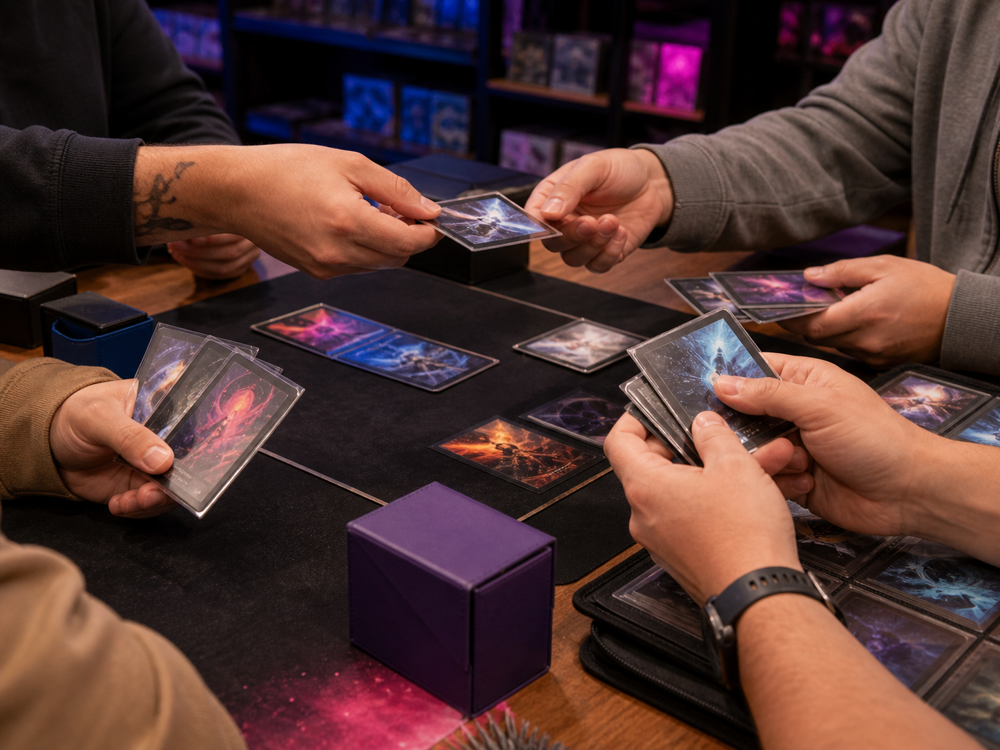 Collectors trading generic cards together around a local card shop table